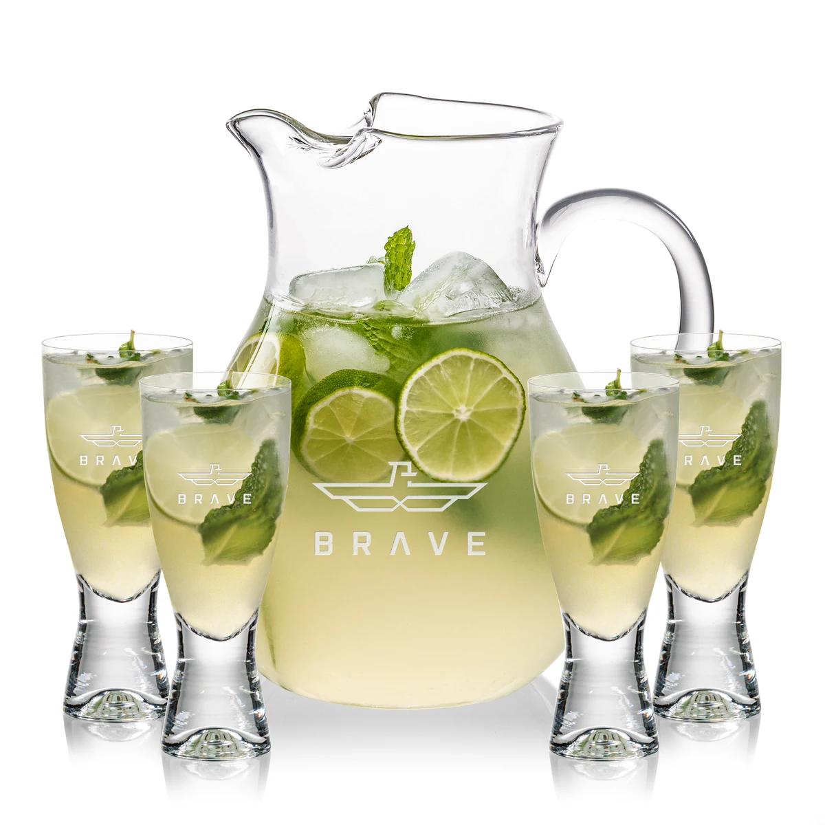 Montclair Pitcher & Bastien Cocktail Set, custom glassware with logo imprint 1