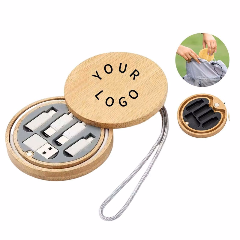Round Bamboo USB Charger Kit with Adapters