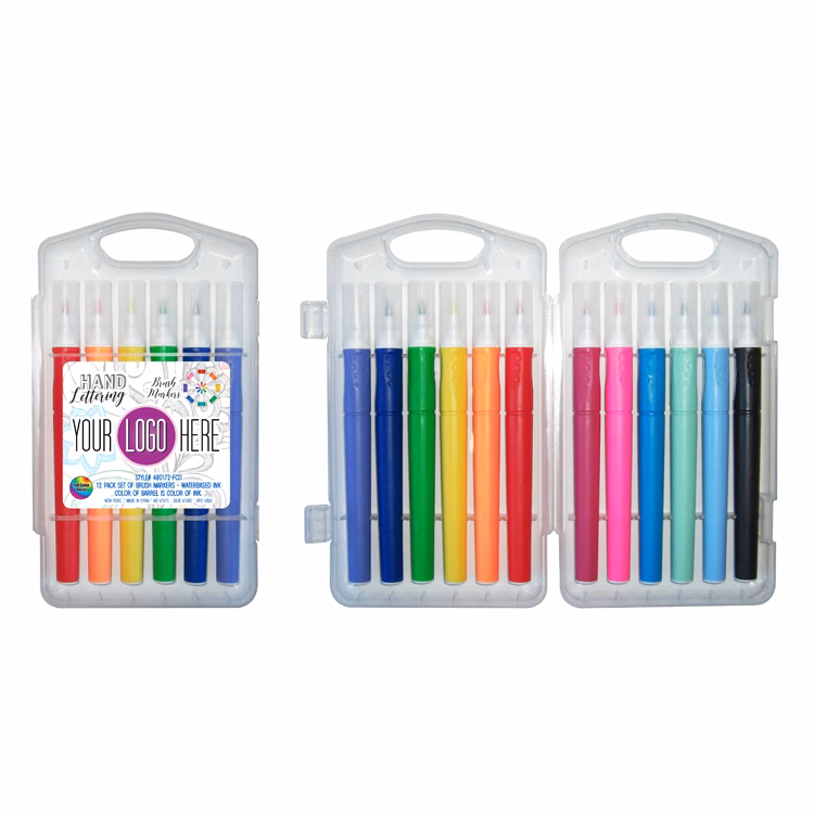 12 Pack of Hand Lettering Brush Markers in Hard Plastic Case - Full Color Decal