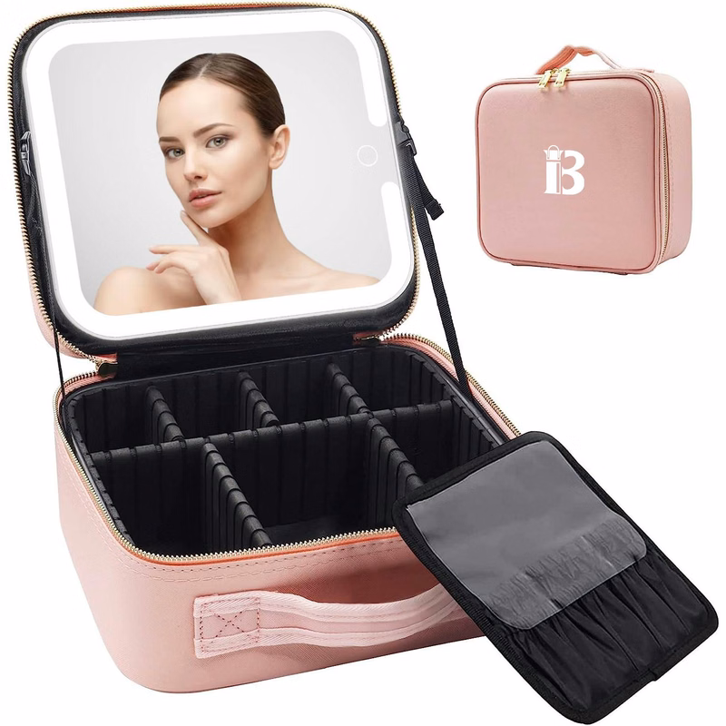 PU Travel Cosmetic Bag with Brush Storage & Mirror