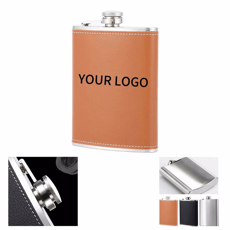 Durable Leather Covered Metal Flask 8oz