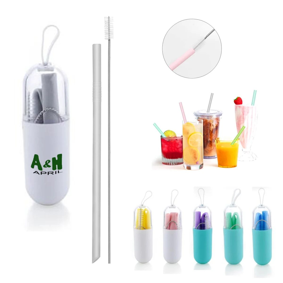 Collapsible Reusable Silicone Drinking Straws Kit 1