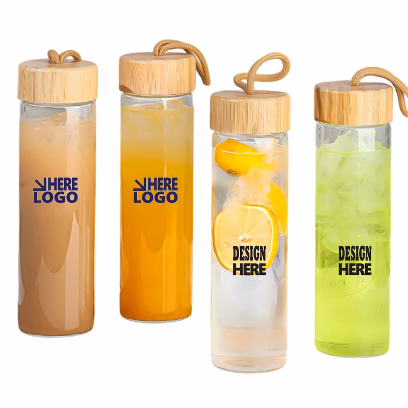 Custom Logo 18 oz. Borosilicate Glass Bottle with Bamboo Lid