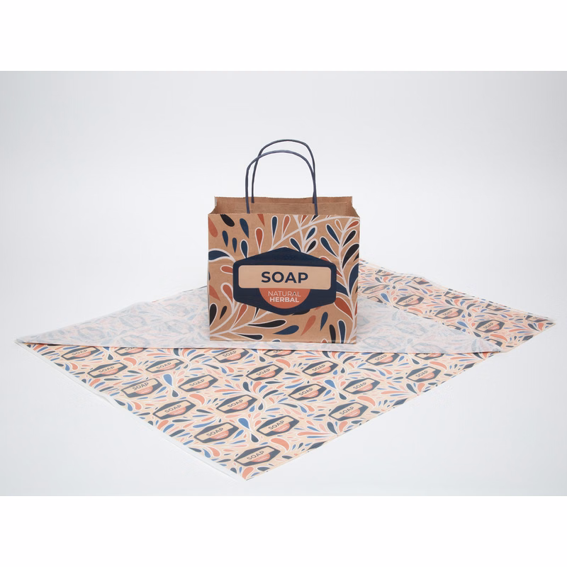 7.25" Natural Brown Green Handle Shopper with Tissue Paper Bundle