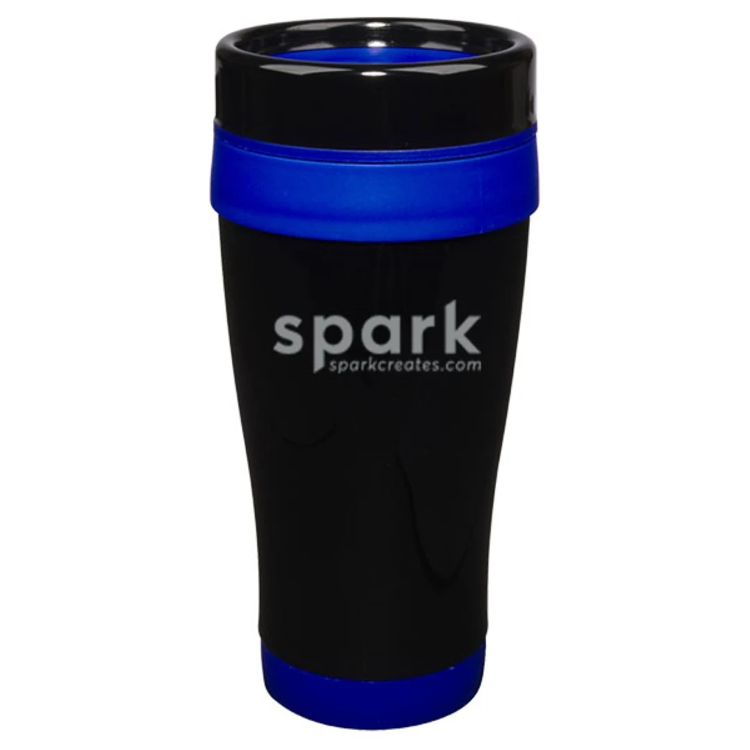 14 oz Formula Seven Stainless Steel Travel Mug with Black Lid And Blue Accents 1