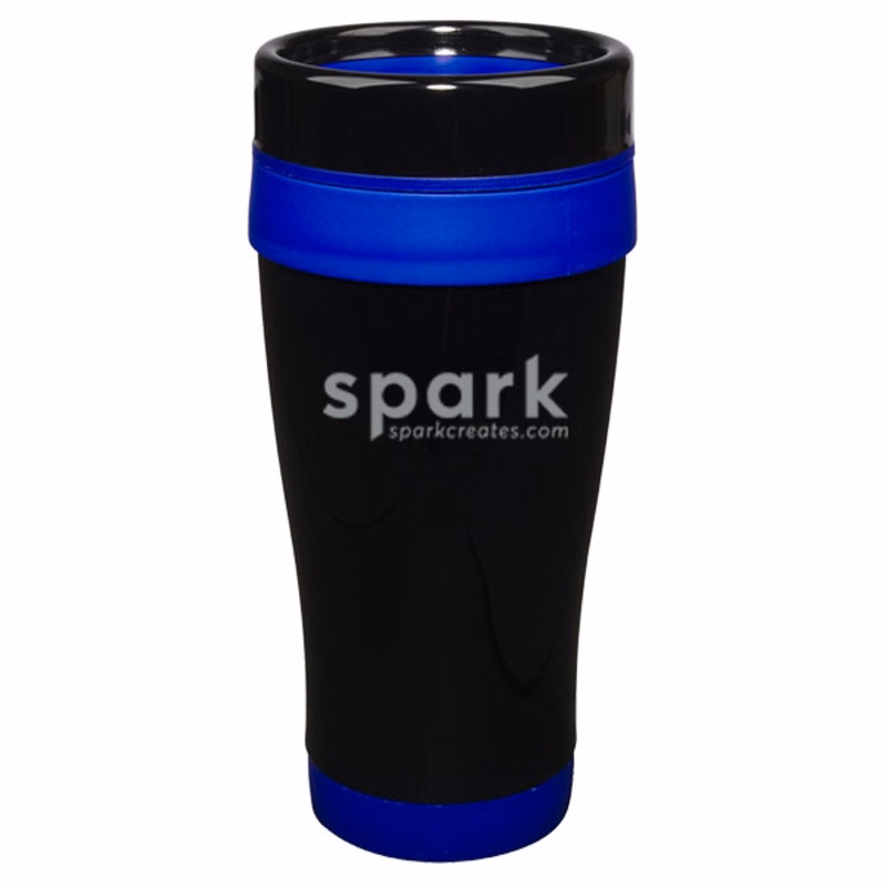 14 oz Formula Seven Stainless Steel Travel Mug with Black Lid And Blue Accents