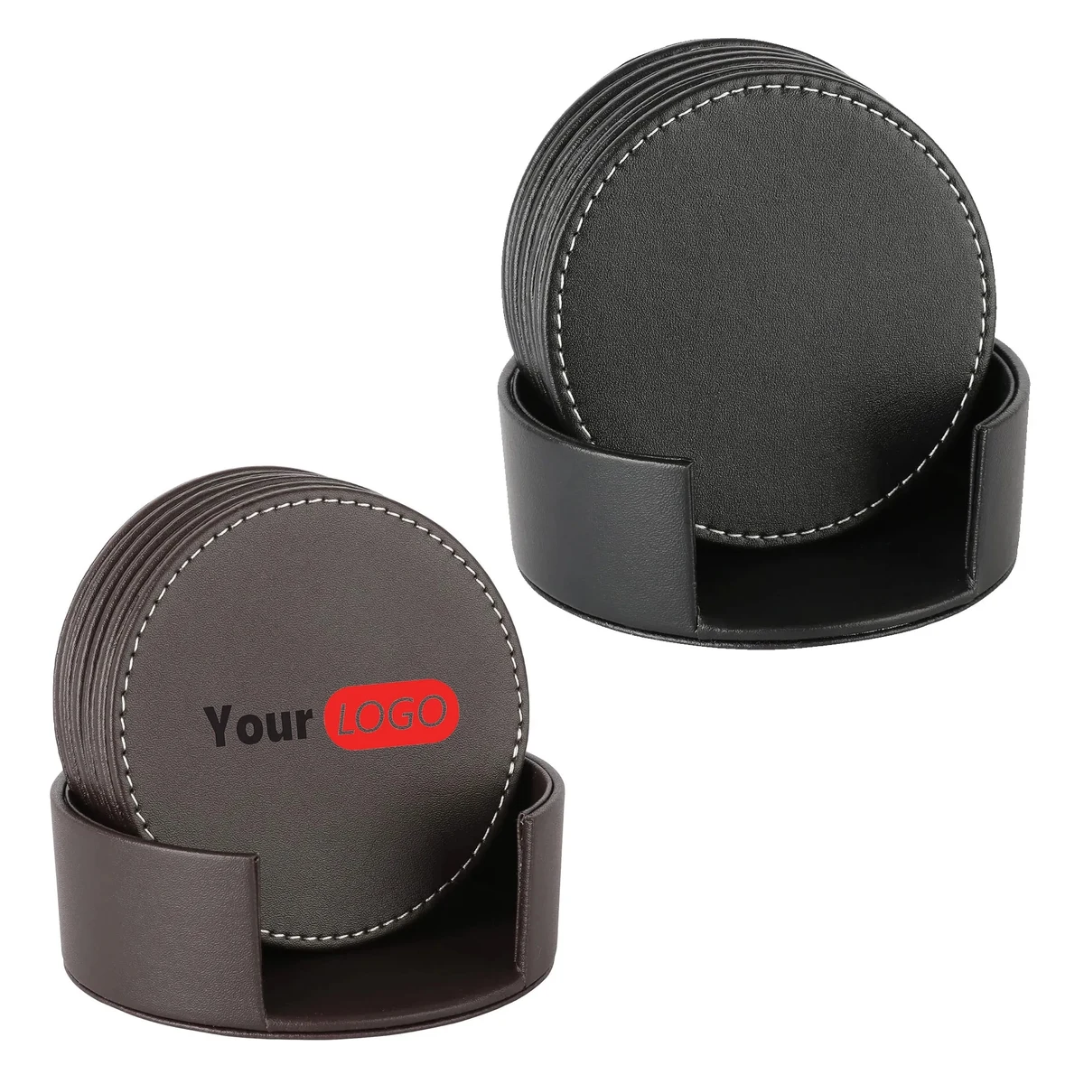 Set of 6 Round Leather Coffee Coasters 1