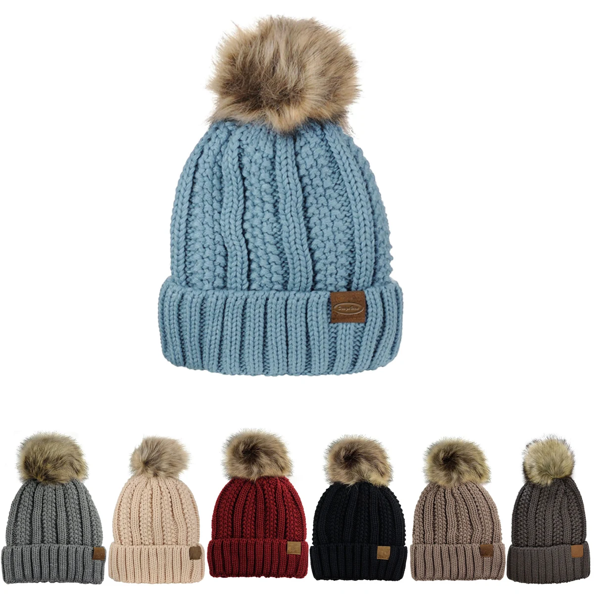 Cable Knit Beanie with Faux Fur Pom and Fleece Lining for Comfort 1