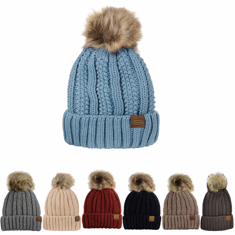 Cable Knit Beanie with Faux Fur Pom and Fleece Lining for Comfort