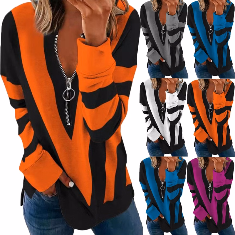Long Sleeve Zipper V Neck Printed Tops T-Shirts