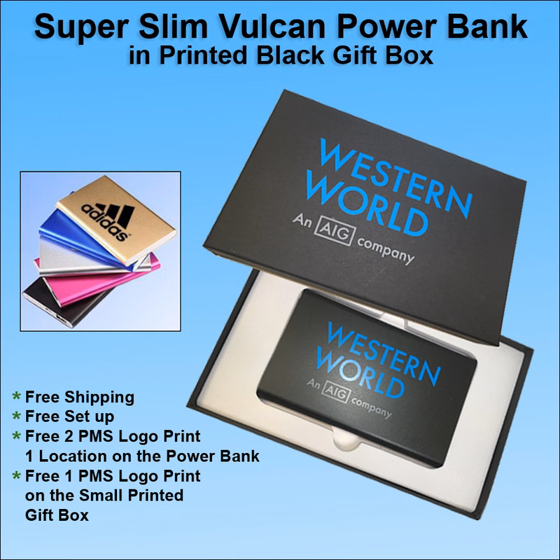 Super Slim Vulcan Power Bank 3000 mAh in a cello wrapped printed gift box