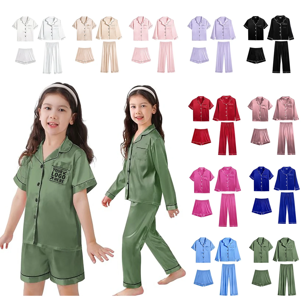 4 Pcs Kids Girls Boys Satin Pajamas Set Silk Button Down PJs Long Sleeve Sleepwear 1