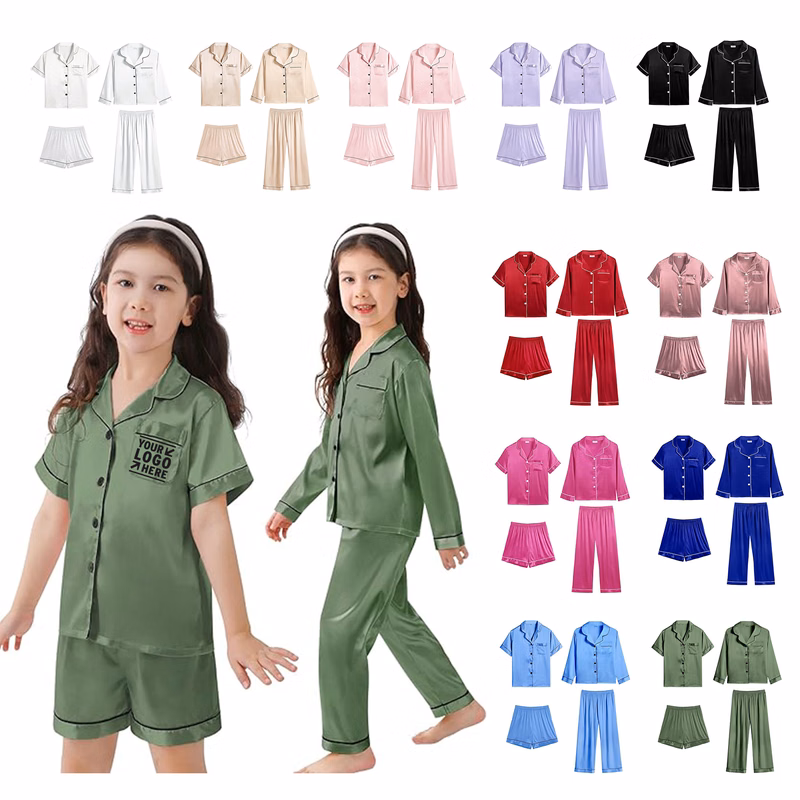 4 Pcs Kids Girls Boys Satin Pajamas Set Silk Button Down PJs Long Sleeve Sleepwear