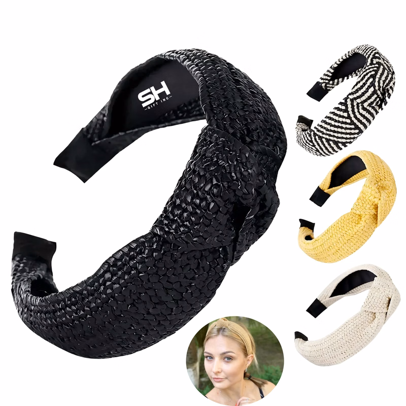 Wide Brim Straw Headband for Women -Elegant Knot Design