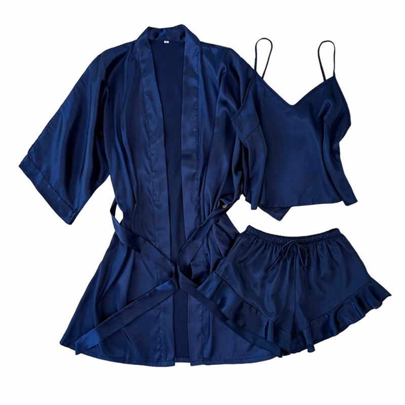 3 Piece Women Solid Color Sexy Silk Pajamas Set