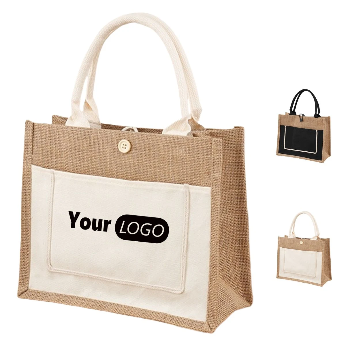 Jute Button Tote Bag, custom tote bag with logo imprint 1