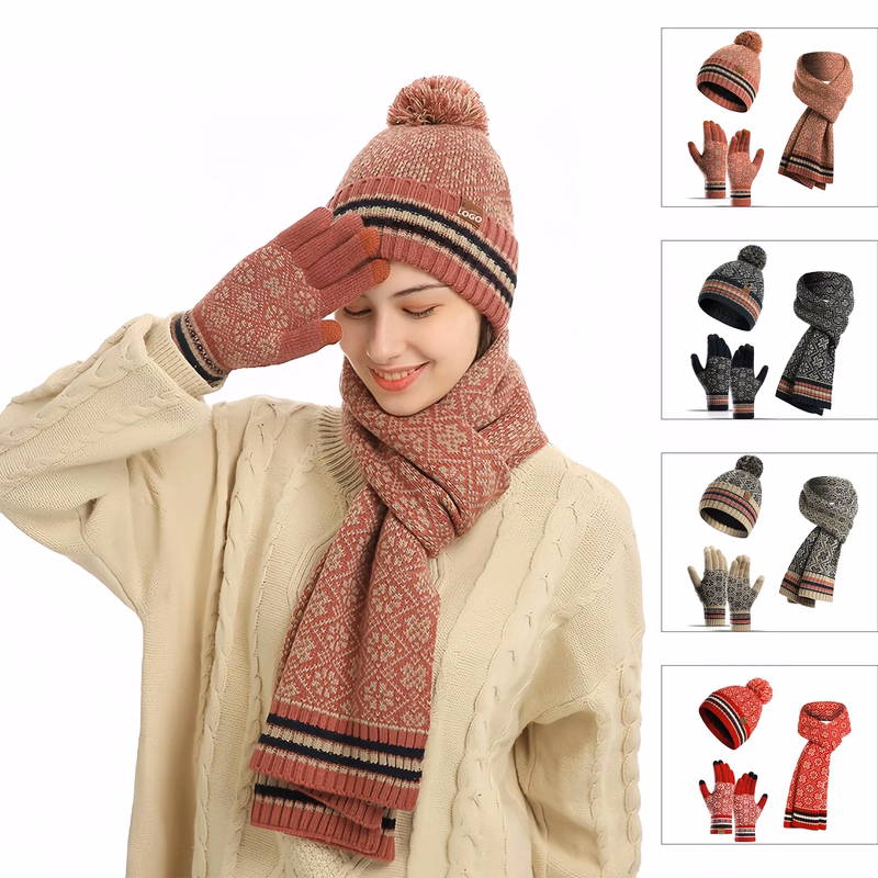 Fleece Lined Winter Hat Scarf Gloves Set