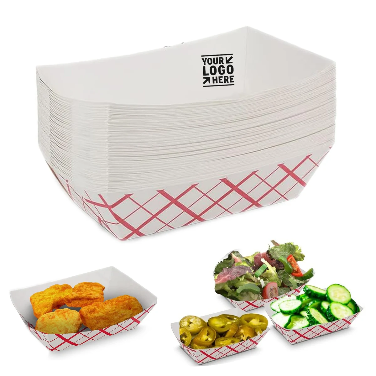 1 lb 5.27"x 3.63" x 1.5" Disposable Plaid Classy Red and White Boat Paper Food Tray 1