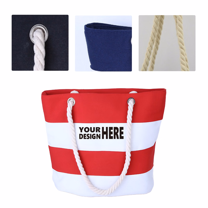 MOQ50 Custom Striped Canvas Beach Tote Bag With Logo