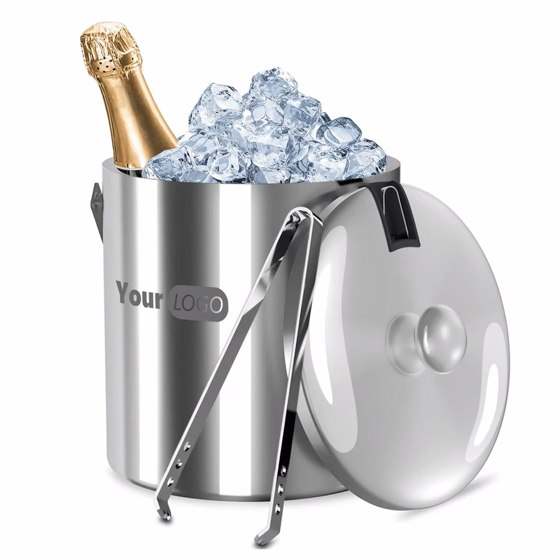 Double-Wall Stainless Insulated Ice Bucket w/Lid/Tong 1.3L