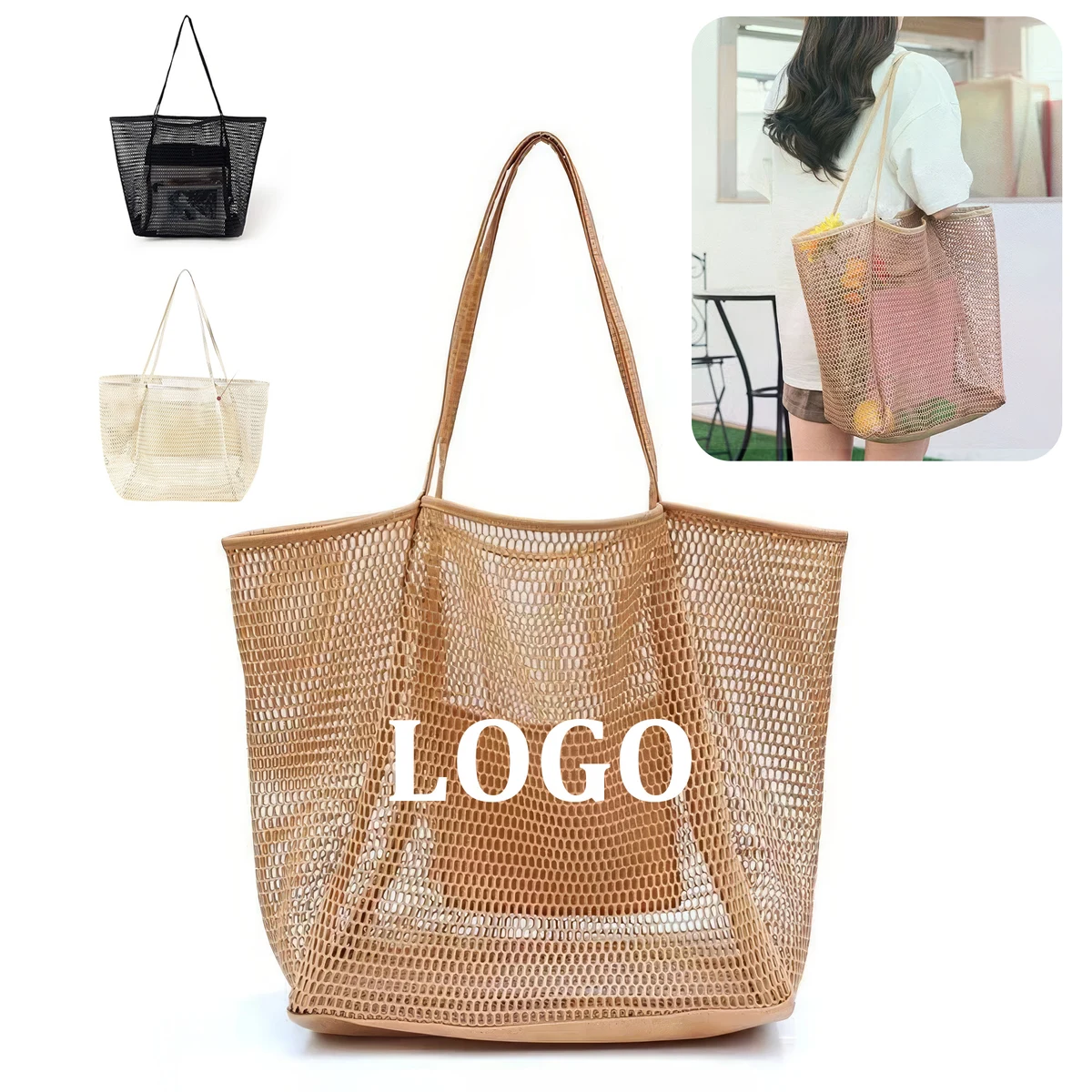 Mesh Beach Tote Womens Shoulder Handbag, custom tote bag with logo imprint 1