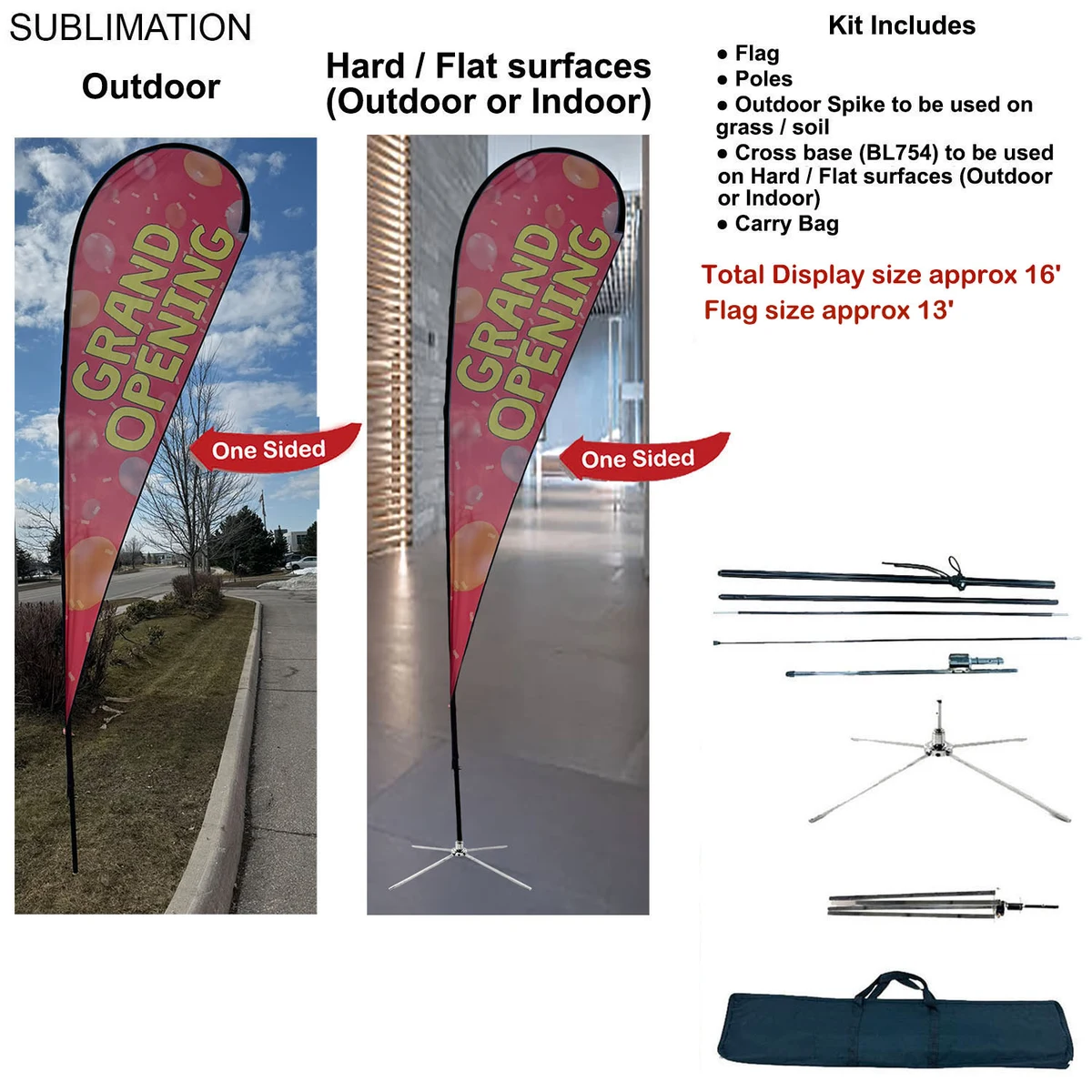 16' X-Large Tear Drop Flag Kit, Full Color Graphics One Side, Outdoor Spike base, Indoor Cross Base 1