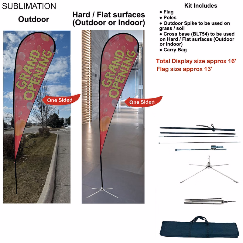 16' X-Large Tear Drop Flag Kit, Full Color Graphics One Side, Outdoor Spike base, Indoor Cross Base