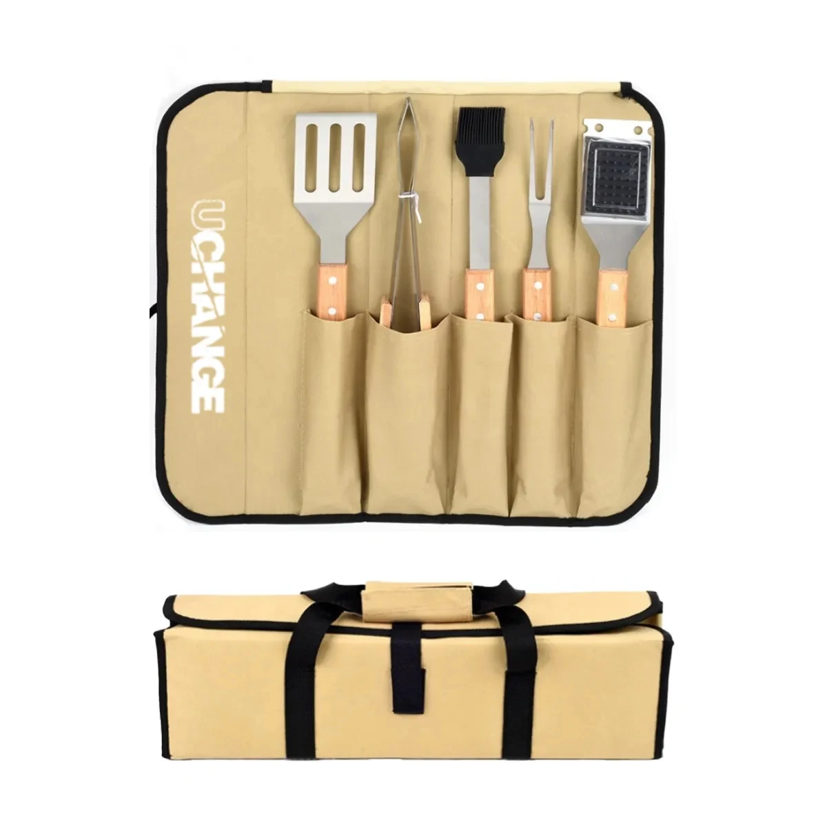 5-Piece BBQ Grill Tool Set With Wooden Handles 1