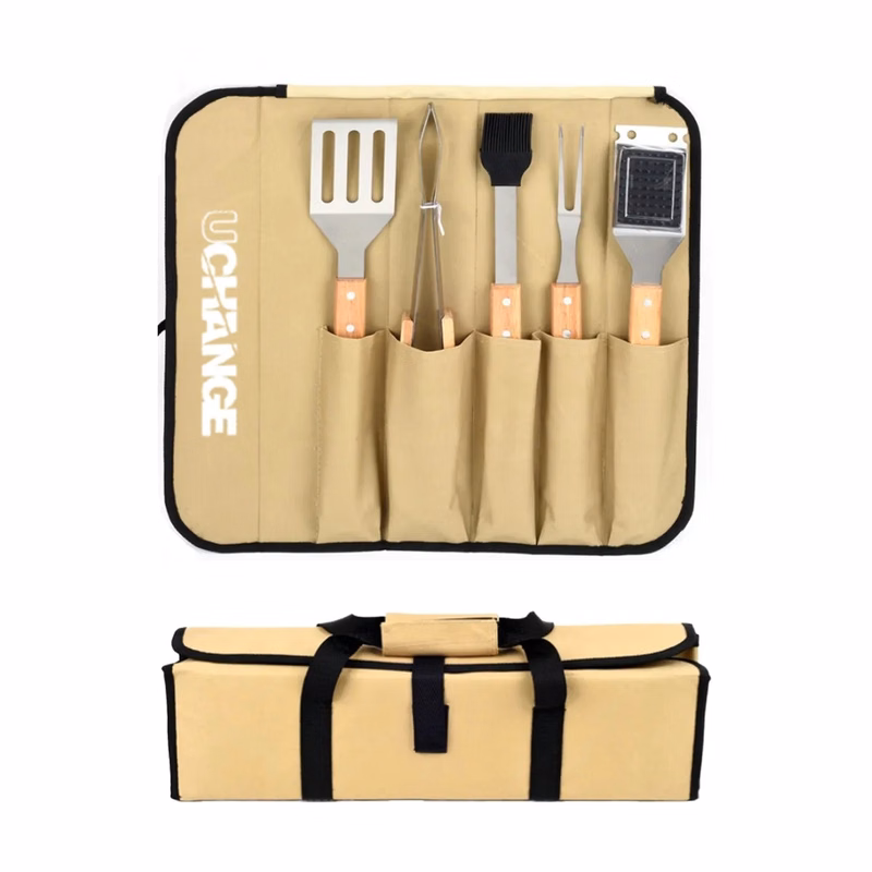 5-Piece BBQ Grill Tool Set With Wooden Handles