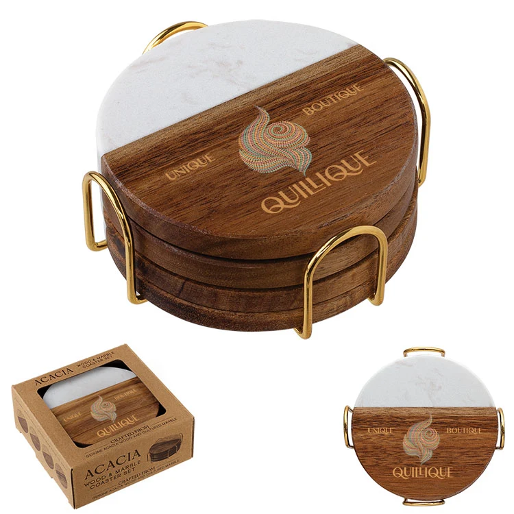 Acacia Wood & Marble Coaster Set 1