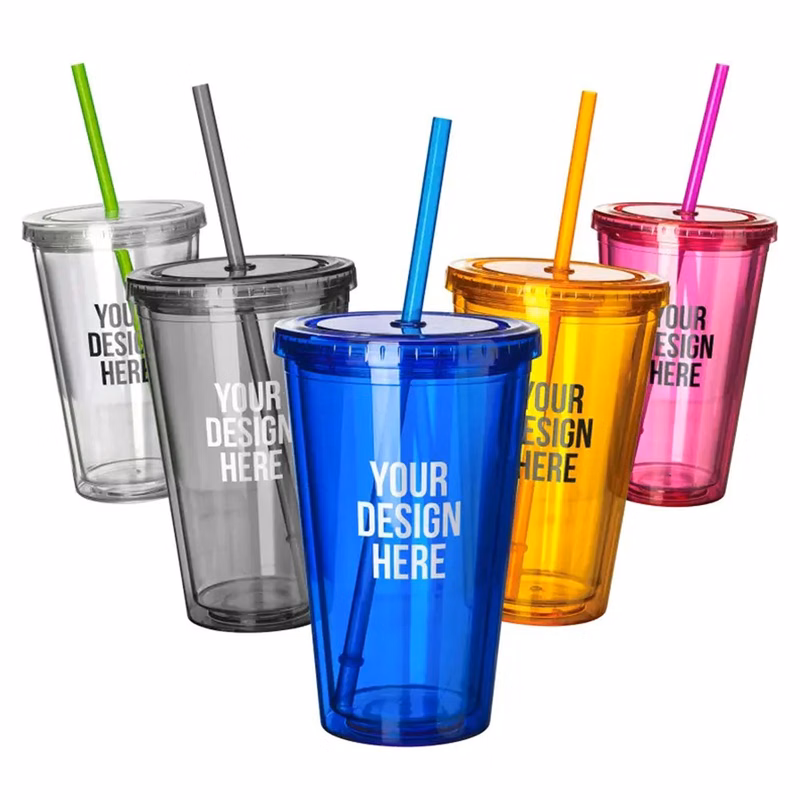 Plastic Double Wall Tumbler with Straw
