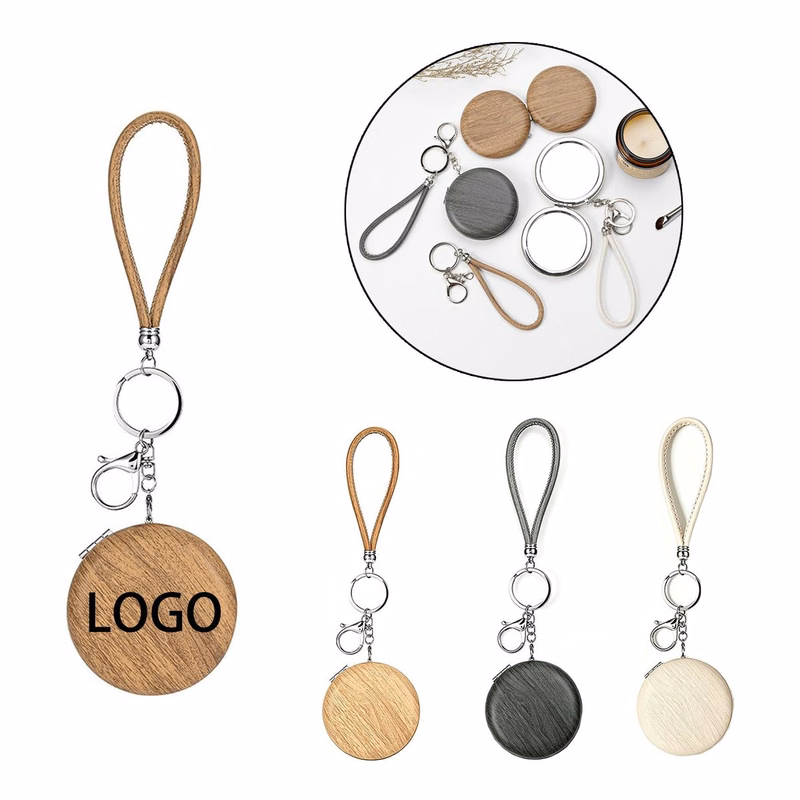 Wood Grain Keychain Compact Mirror