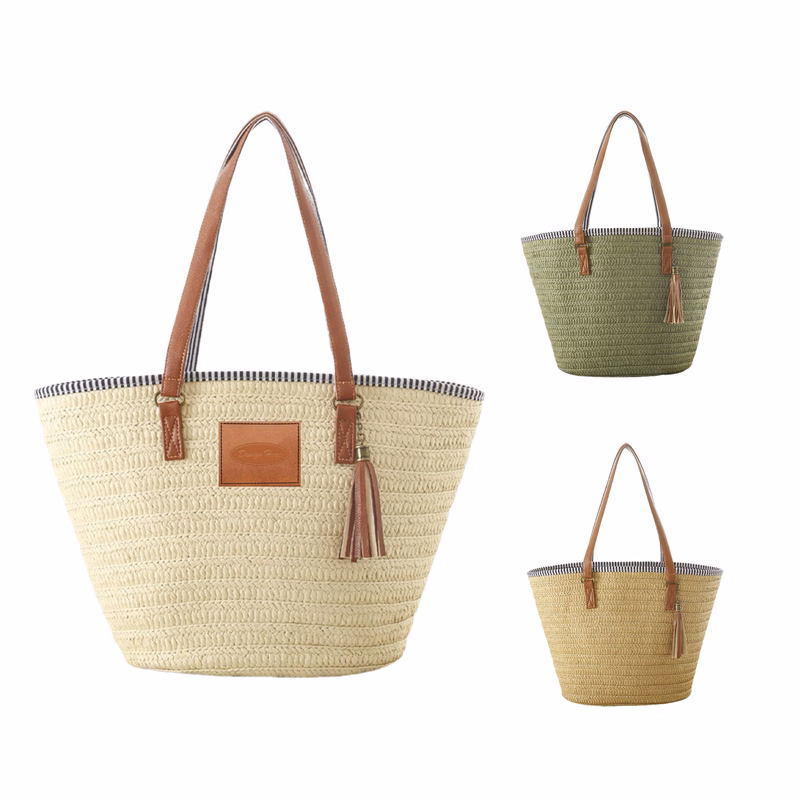 Stylish Paper Rope Handbag with Faux Leather Straps