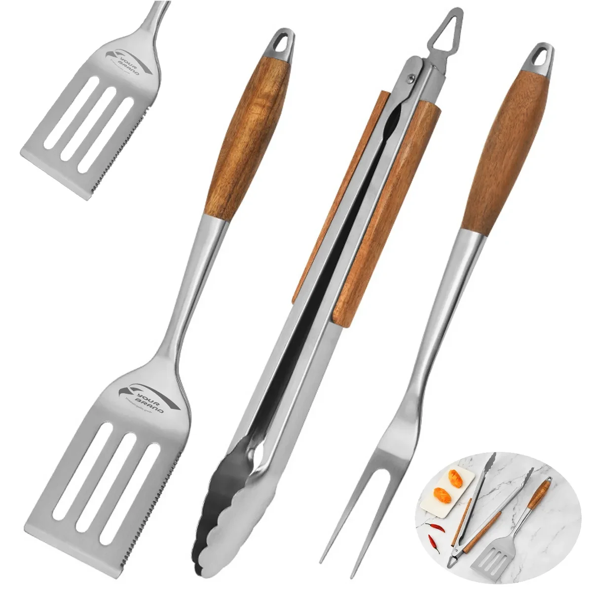 3-Piece BBQ Grilling Tool Set Stainless Steel Tongs Spatula 1