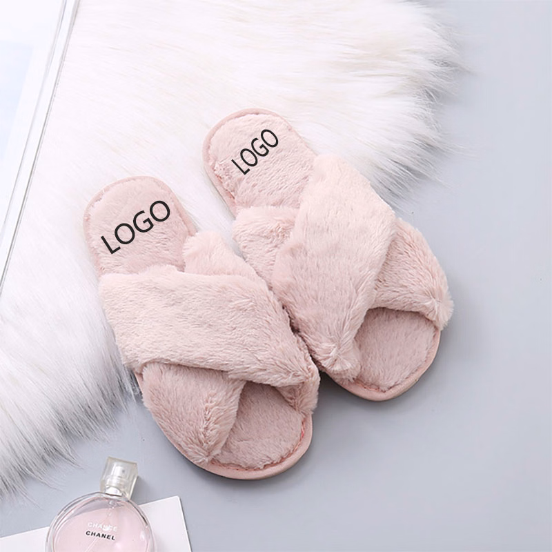 Women's Cross Band Slippers Soft Plush Furry Cozy Open Toe House Shoes