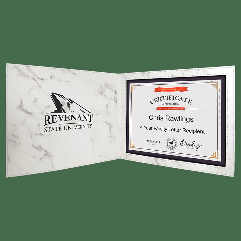 9" x 12" White Marble Leatherette Certificate Holder for 8 1/2" x 11"