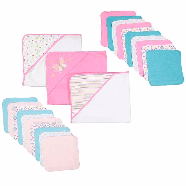 Baby Hooded Towels & Washcloths Sets - Pink Butterfly 23-Piece Gift Set