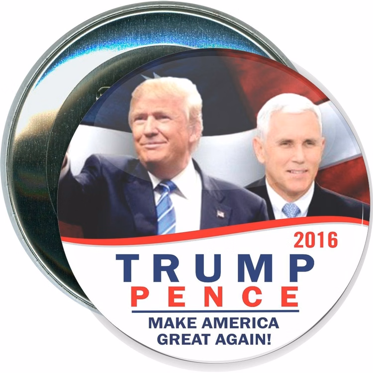 Trump, Trump and Pence Photo with Flag, Political Button