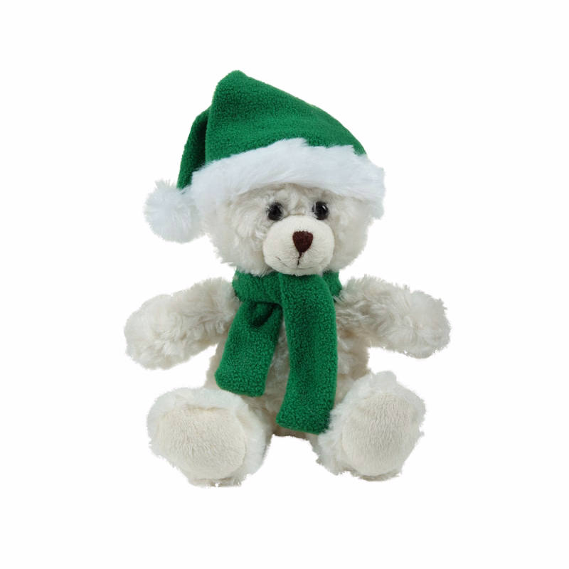 soft plush  Cream Curly Sitting Bear with Christmas scarf &hat