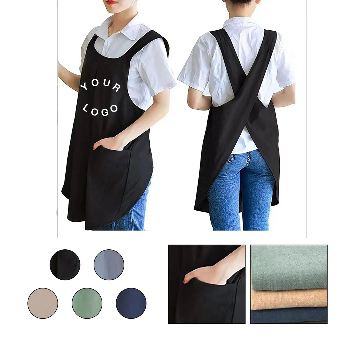 Cotton Linen Apron with Cross Back Design and Pockets 1