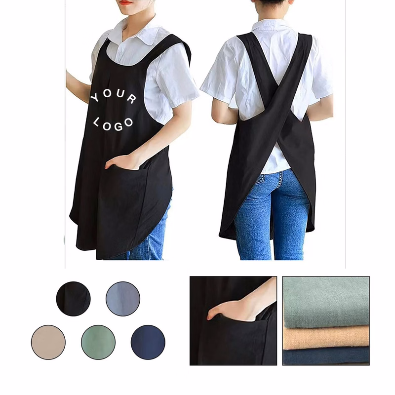 Cotton Linen Apron with Cross Back Design and Pockets