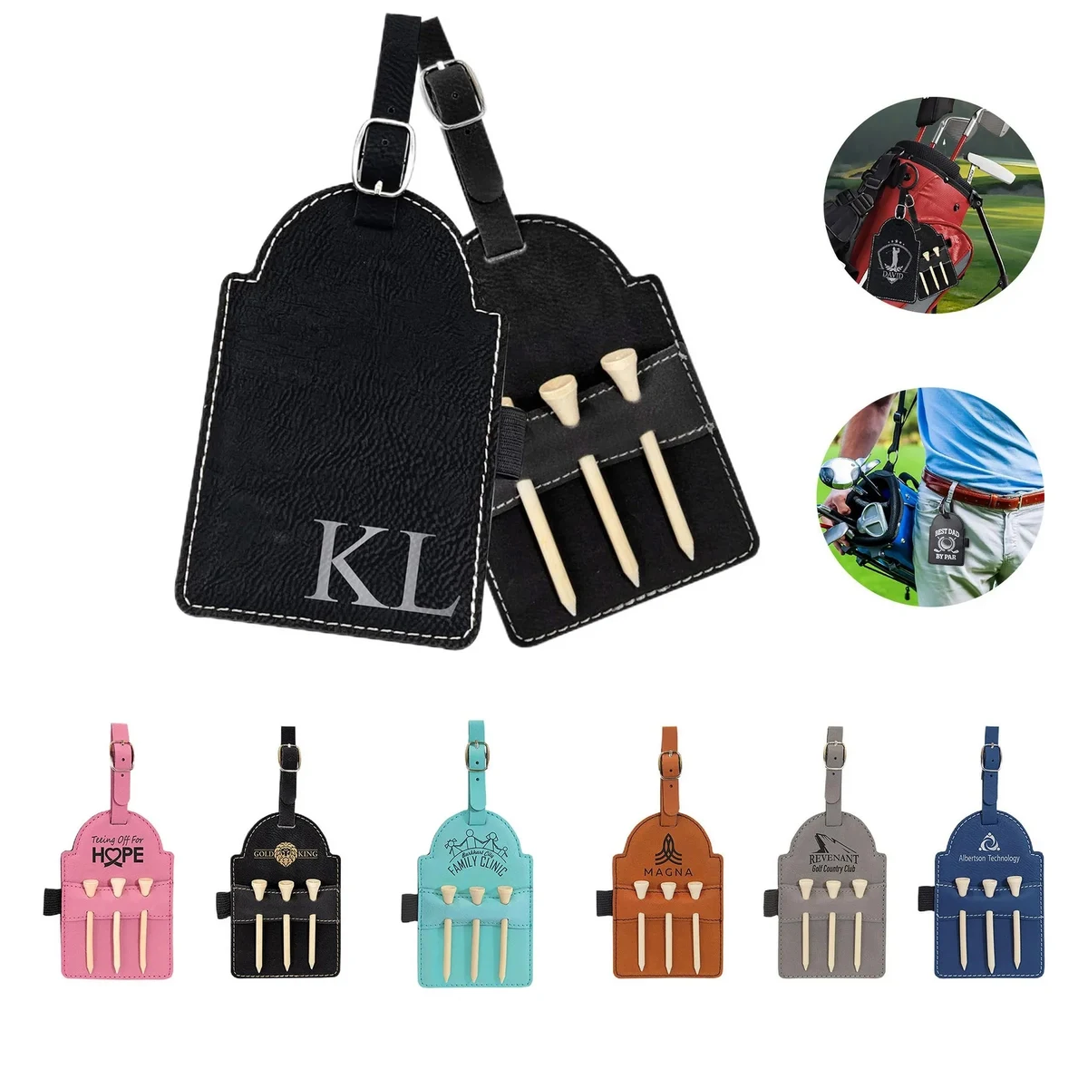 Leather Golf Bag Tag with 3 Tees Set 1