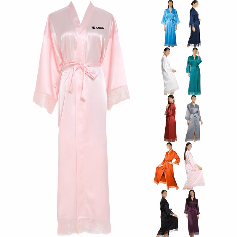 Women Lace Trim Long Summer Short Sleeve Bathrobe