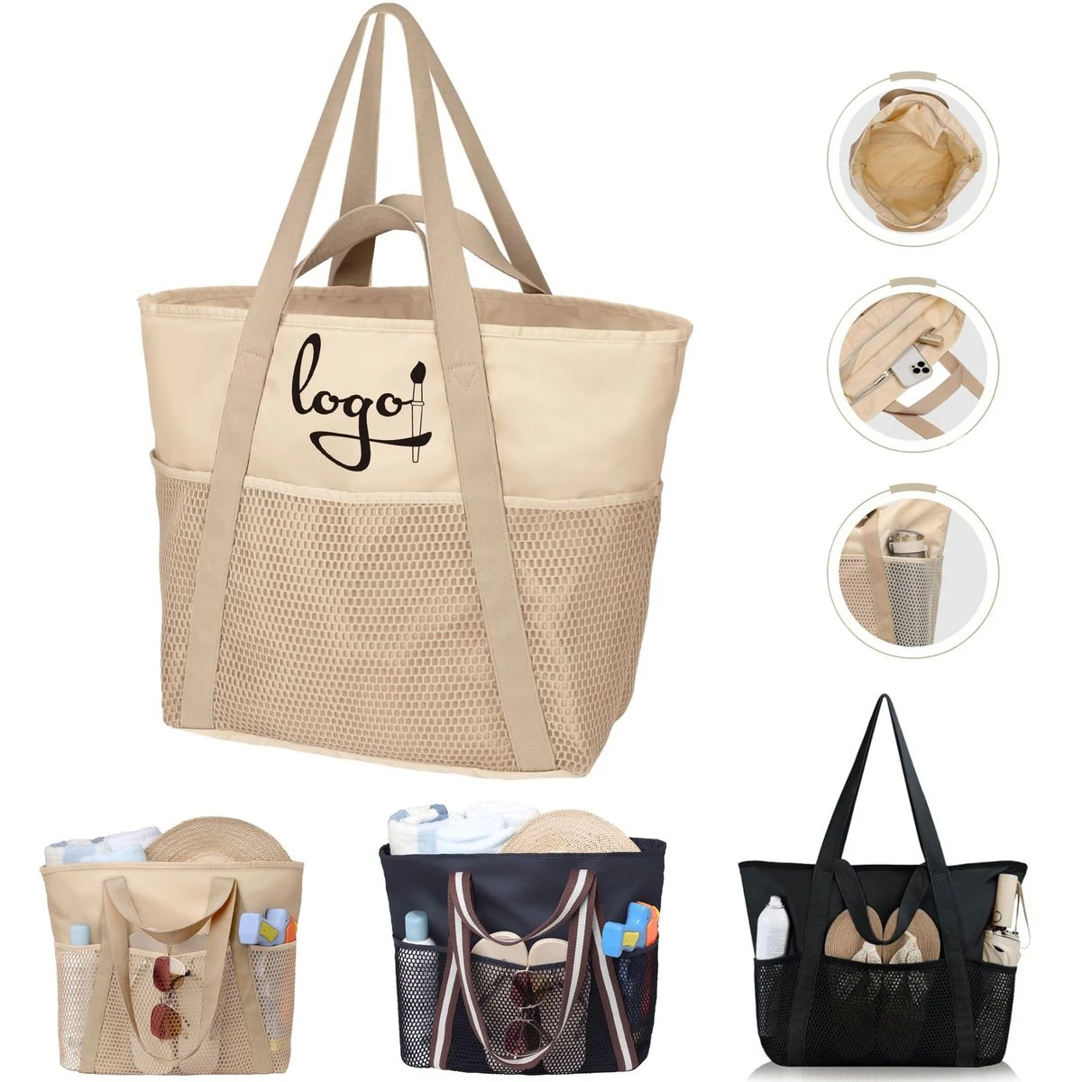 Large Beach Bag With Zipper And 8 Pockets, custom tote bag with logo imprint 1