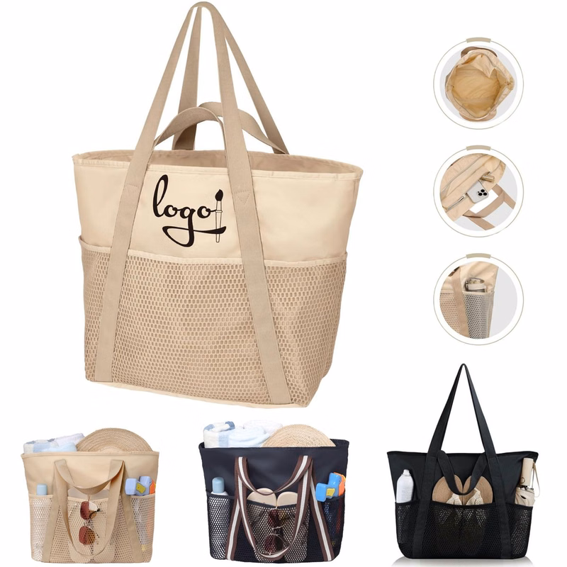 Large Beach Bag With Zipper And 8 Pockets