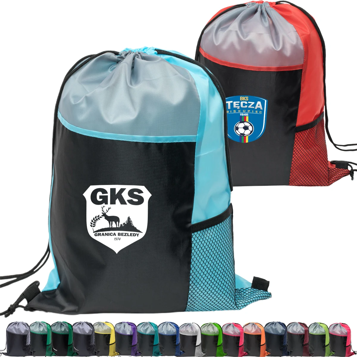 Tri Color Side Mesh Bottle Holder Drawstring Backpack (13" x 17") 1
