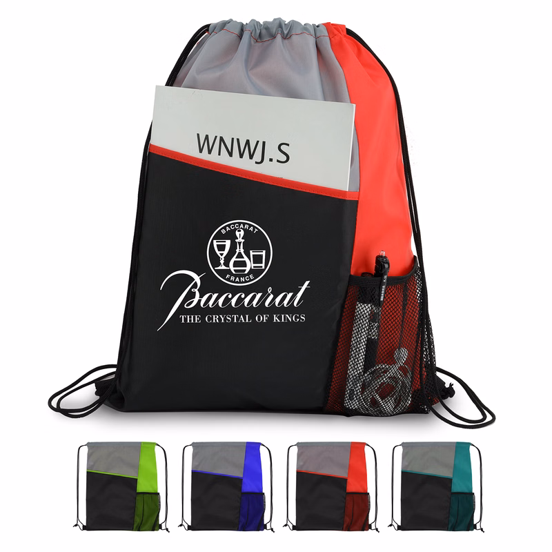 Slant-Pocket Drawstring Gym Backpack With Side Mesh Pocket