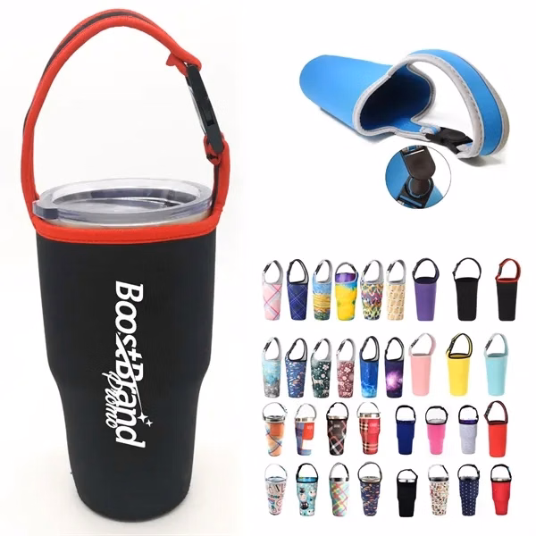 Custom Neoprene Insulated Tumbler Sleeve with Handle — Travel Beverage Carrier Promo