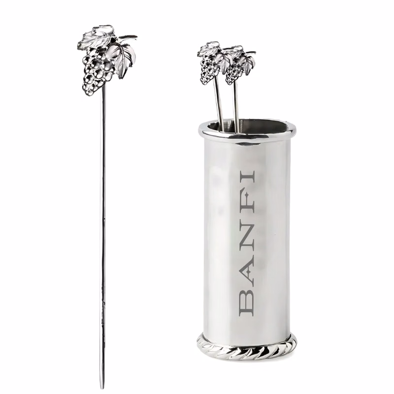 Set of 4 Stainless Steel Cocktail Picks + Holder Set
