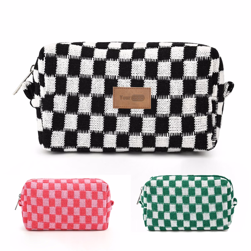 Wool Large Checkered Cosmetic Capacity Storage Bag